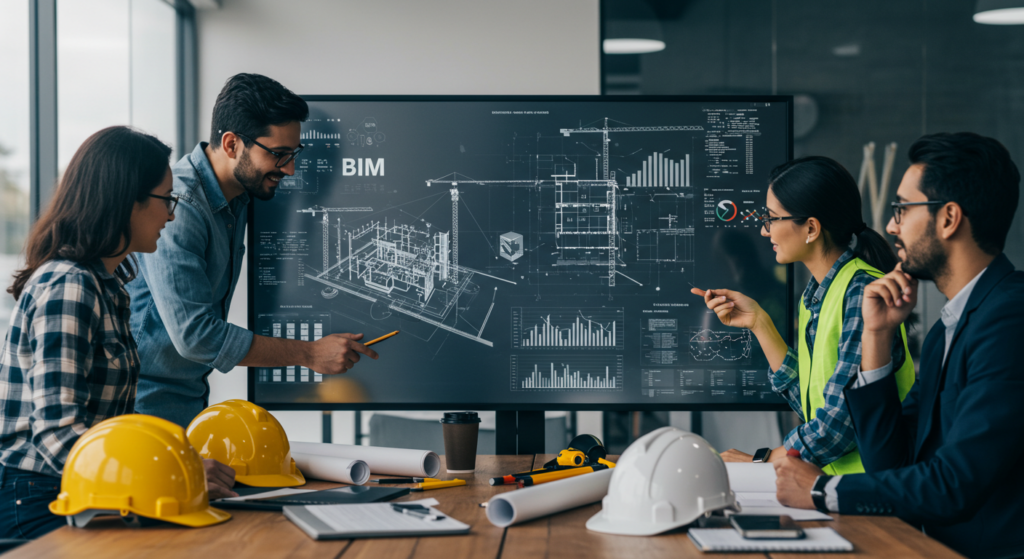 Equipe analisando planejamento em projeto BIM